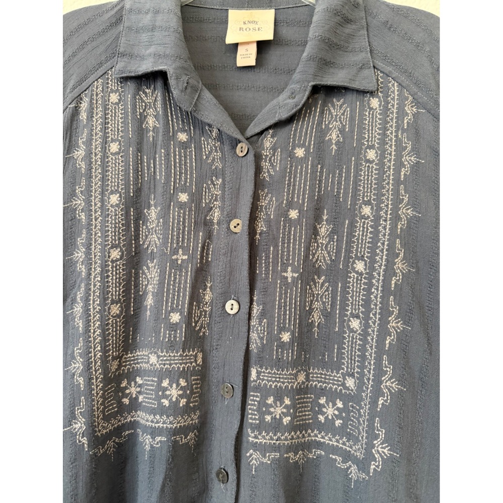 Knox Rose Embroidered Button Down Top Small Gray Boho Long Sleeve Blouse - Picture 3 of 7